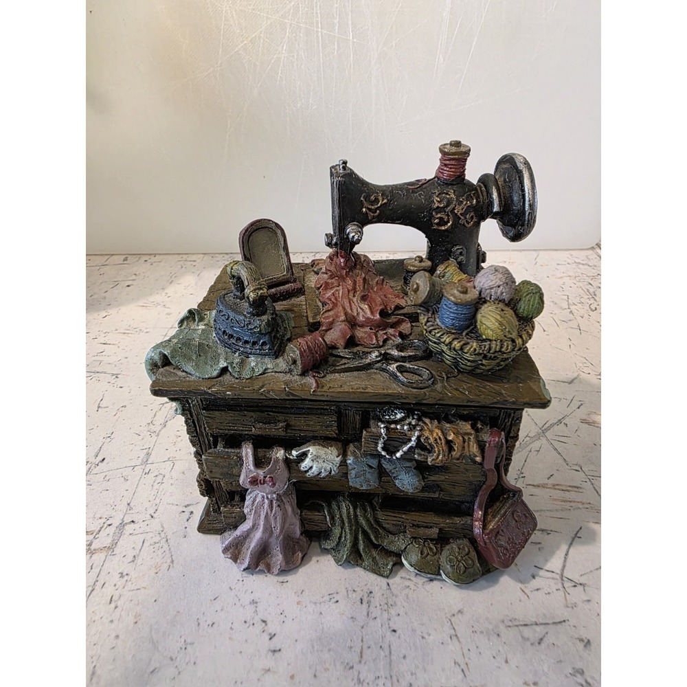 VTG Trinket Box Whimsical Sewing Machine Notions ChestDrawers Victorian Yarn Lid